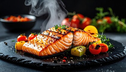 Grilled Salmon Fillets With Cherry Tomatoes and Herbs on a Slate Platter With Steam Rising and a Dark Background