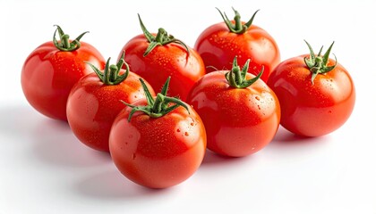 Group of fresh red tomatoes with water droplets on a white background studio shot