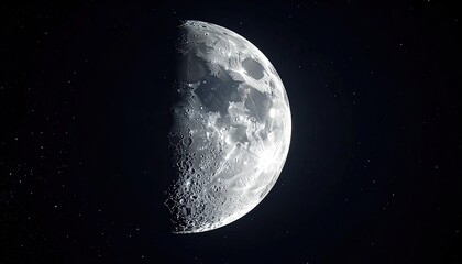 Half Moon Illuminated Against Dark Starry Sky Detailed Lunar Surface Texture with Craters and Plains visible in Sharp Focus Scientific Celestial Body in Space