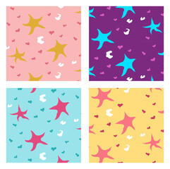 Colorful Star and Heart Seamless Patterns Cute Abstract Background Set