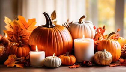 Festive Fall Decorations Featuring Pumpkins Candles And Autumnal Accents For Halloween Celebration