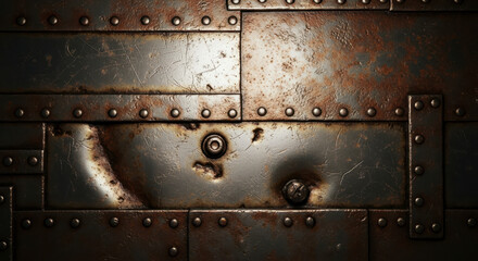 Detailed Close Up Texture of Rusted Industrial Metal Plates with Rivets and Damage