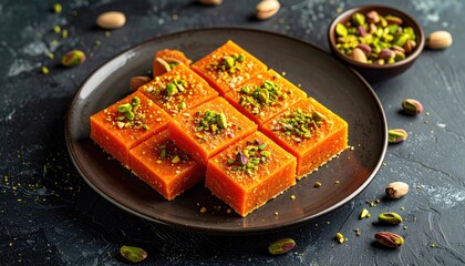 Delicious Indian Mohanthal Gram Flour Fudge Garnished With Slivered Almonds And Pistachios Served On A Dark Plate In A Cozy Kitchen Setting With Soft Lighting