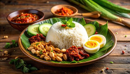 Delicious Nasi Lemak Platter With Steamed Rice Hard Boiled Eggs Cucumber Slices Peanuts And Sambal Chili Paste Served On Banana Leaf With Rustic Wooden Table Background