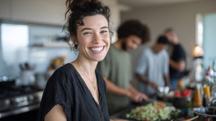 Happy woman cooking healthy meal with friends in modern kitchen, smiling at camera enjoying social gathering and preparing dinner party