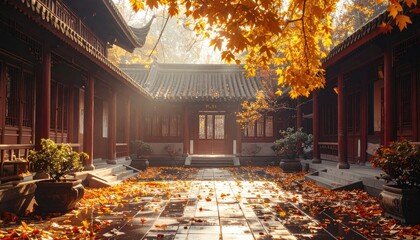 Golden Autumn Courtyard With Traditional Architecture And Falling Leaves Bathed In Soft Sunlight