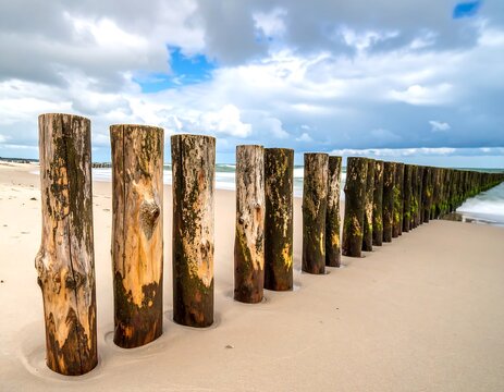A row of weathered wooden posts extends from a sandy beach into the ocean under a cloudy sky. The poles are arranged to form a barrier