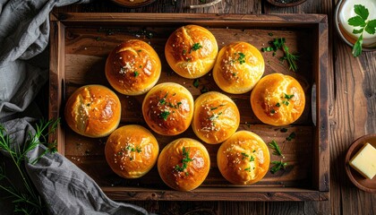 Golden Brown Baked Dinner Rolls Topped With Sesame Seeds And Fresh Parsley Sprinkled On A Rustic Wooden Tray With A Dark Gray Fabric And Butter On The Side