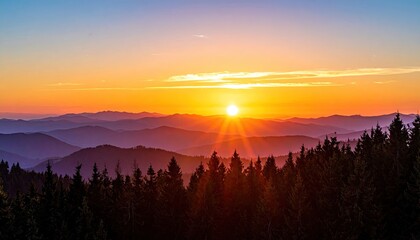 Golden Hour Sunset Over Forested Hills With Sunburst Effect And Orange Sky