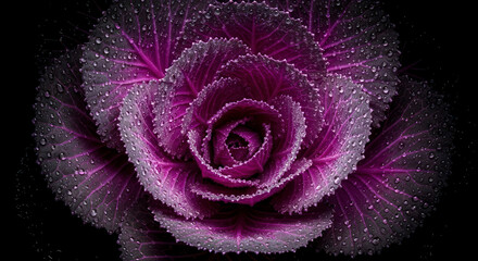 Close Up Macro Photograph of a Vibrant Purple Ornamental Kale Covered in Tiny Water Droplets