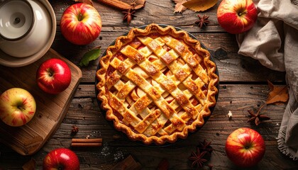 Golden Lattice Top Apple Pie Surrounded by Fresh Apples and Cinnamon Sticks on Rustic Wooden Table Overhead Shot Soft Warm Lighting