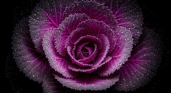 Close Up Macro Photograph of a Vibrant Purple Ornamental Kale Covered in Tiny Water Droplets