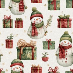 Delightful Winter Scene Featuring Adorable Snowmen Decorated with Cozy Scarves and Holiday Gifts Wrapped in Festive Colors for a Cheerful Seasonal Atmosphere