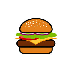  Colorful cartoon burger icon with sesame bun, lettuce, tomato, cheese and meat patty. Modern flat design vector illustration perfect for food apps and menus.