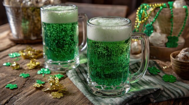 Two mugs filled with green fizzy drinks sit on a wooden table surrounded by shamrock decorations. The scene captures a cheerful atmosphere perfect for a festive gathering. - Powered by Adobe