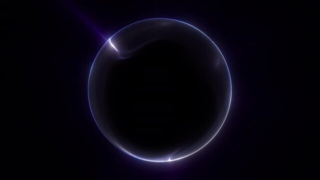 Dark purple glowing liquid sphere smoothly pulsating with fluid light waves on black background. Abstract energy orb loop animation in 4K resolution.
