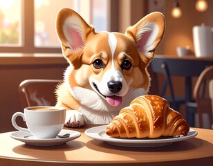 A Pembroke Welsh Corgi enjoys breakfast at a cafe, with a croissant and coffee on the table, smiling happily