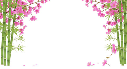 Naklejka premium Beautiful Blooming Cherry Blossoms and Bamboo Frame on White Background