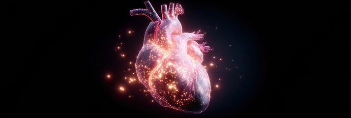 Two realistic hearts emit gentle light and sparkling particles, set against a dark background, highlighting their intricate details in a captivating manner.