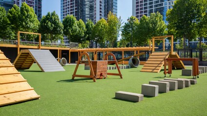 Modern dog park with wooden agility obstacles and green artificial turf in an urban setting.