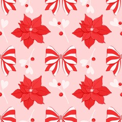 Red Poinsettia Candy Cane Bow Seamless Pattern - Pink Christmas Holiday Digital Paper Background Festive Winter Design