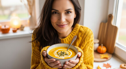 Woman Holding Delicious Creamy Pumpkin Soup With Autumn Decorations