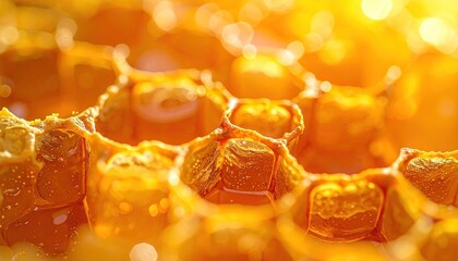 Close Up Of Golden Honeycomb Filled With Sweet Honey Illuminated By Warm Sunlight Creates A Textured Background
