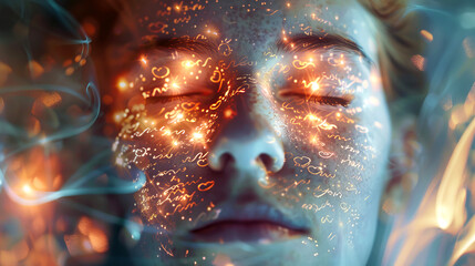 A close-up view captures a peaceful face with closed eyes, surrounded by ethereal, glowing symbols that express deep emotions and dreams
