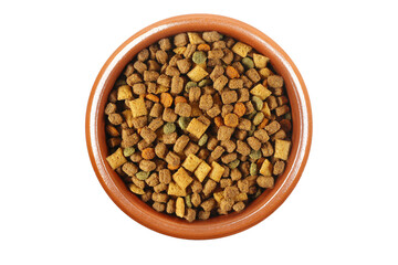 Pile dry colorful cat food in clay pot isolated on white background, top view	