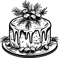 Christmas cake illustration with berries and pine branches on transparent background