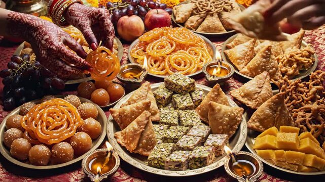Woman sharing traditional Indian sweets and snacks, a festive Diwali feast with fruits, lit diyas, and bangles, video