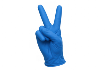 Hand in a blue latex or nitrile medical glove forming a peace sign or v-sign, symbolizing health, safety, and victory