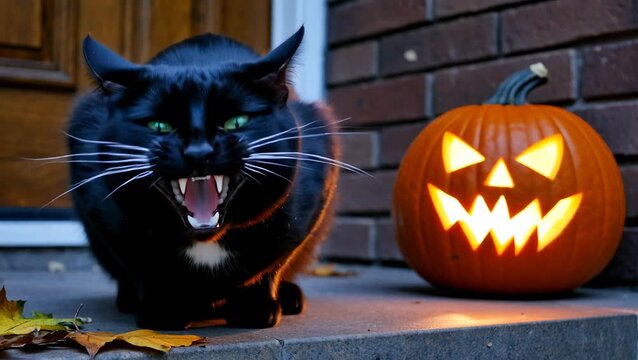Spooky Black Cat with Green Eyes Near Halloween Pumpkin Display