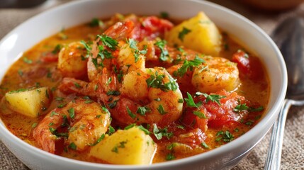 Fototapeta premium A hearty bowl of shrimp stew combines tender shrimp ripe tomatoes and diced potatoes all sprinkled with fresh herbs. Perfect for a comforting meal during a family gathering.