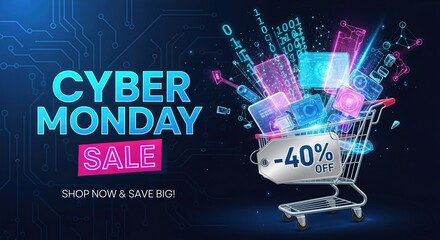 Cyber Monday sale event, digital shopping cart brimming with technology items, offering forty percent discount, abstract data streams, glowing circuit board backdrop, e commerce savings.