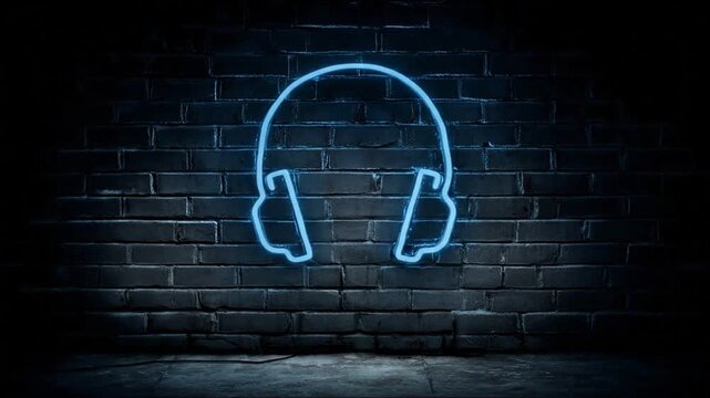 Neon headphones sign on brick wall music sound and entertainment