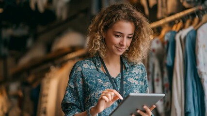 Happy Young Woman Shop Owner Using Digital Tablet in Clothing Store - Powered by Adobe