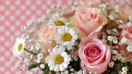 Fototapeta premium A lovely bouquet made of pink roses and white daisies is arranged beautifully. The soft colors pop against a playful pink and white polka dot background creating a cheerful and fresh atmosphere.