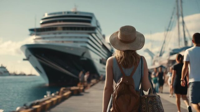 Back view of a woman with a straw hat and backpack walking towards a large cruise ship at a sunny port, ready for vacation travel.