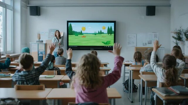 Elementary School Students Raising Hands in Modern Classroom with Teacher and Interactive Smartboard During Lesson