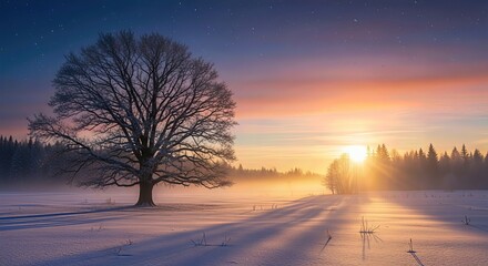 Majestic frosted tree stands in tranquil snowy field beneath starry twilight, welcoming first light after winter's longest night, casting shadows.