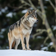 Fototapeta premium Majestic gray wolf standing alertly in snowy forest.
