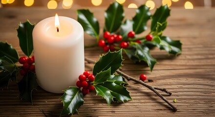Lit Christmas Candle with Holly Berries and Green Leaves on Rustic Wood