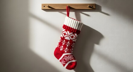 Christmas stocking hanging on wall with snowflakes and festive holiday tradition