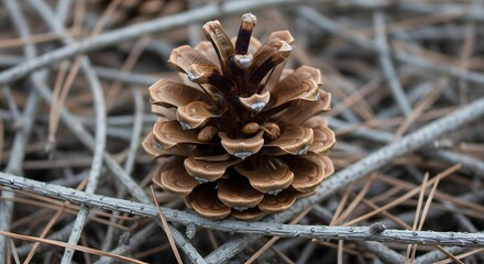 Detailed pine cone resting on forest branches natural autumn detail