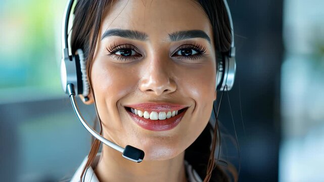 Portrait of an agent at work: a close-up of a friendly customer service agent, showcasing her professional competence and dedication in providing support, a symbol of communication, assistance.