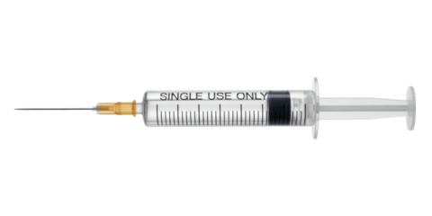 Sterile disposable syringe with sharp needle ready for medical injection or scientific research applications