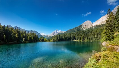 Majestic Mountain Lake With Surrounding Pine Forests And Peaks Under A Clear Blue Sky In A Pristine Ecosystem