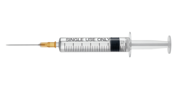 Sterile disposable syringe with sharp needle ready for medical injection or scientific research applications