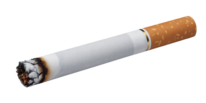 Burning cigarette with glowing ember and ash, symbolizing addiction and quick passing moments, perfect for health campaigns.